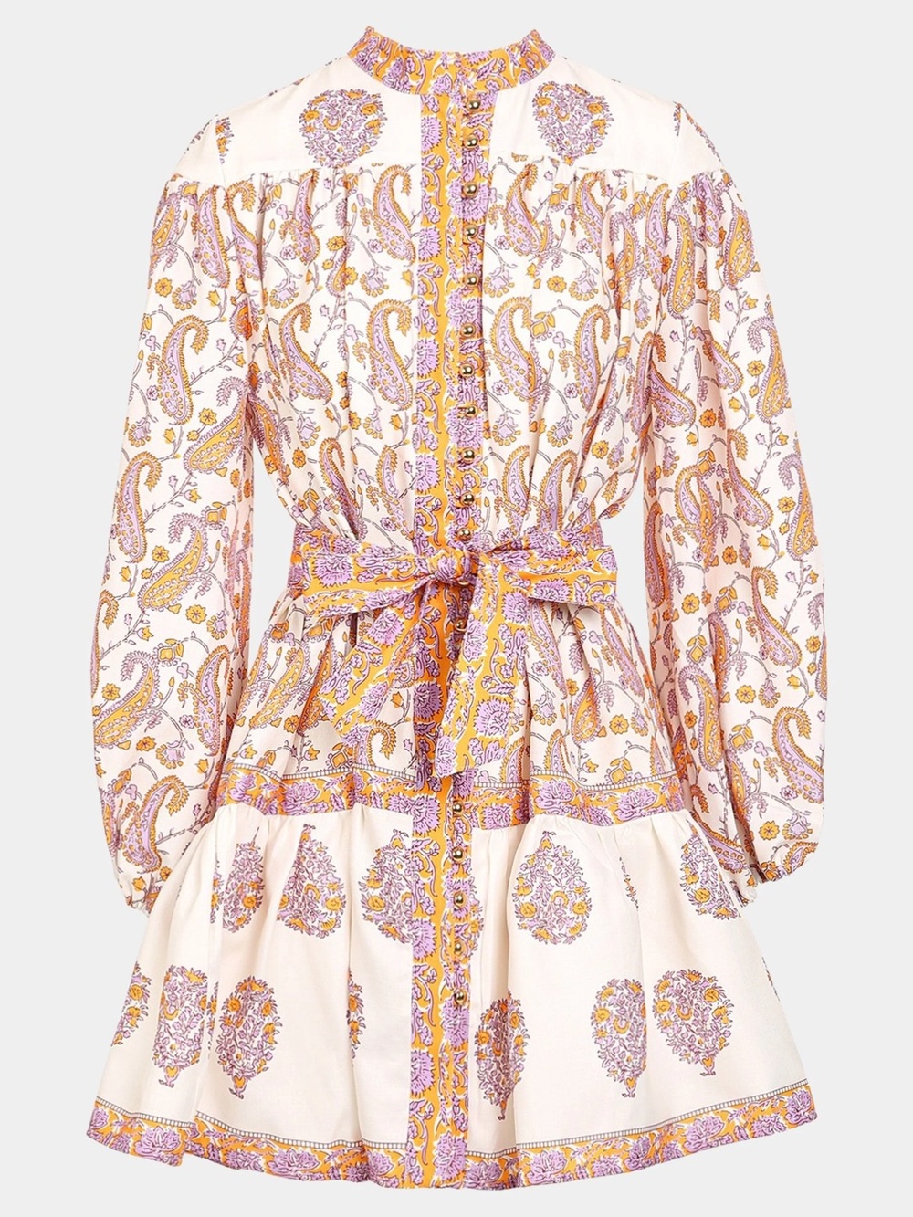 Paisley Belted Cream Midi Dress with Pink & Gold Accents